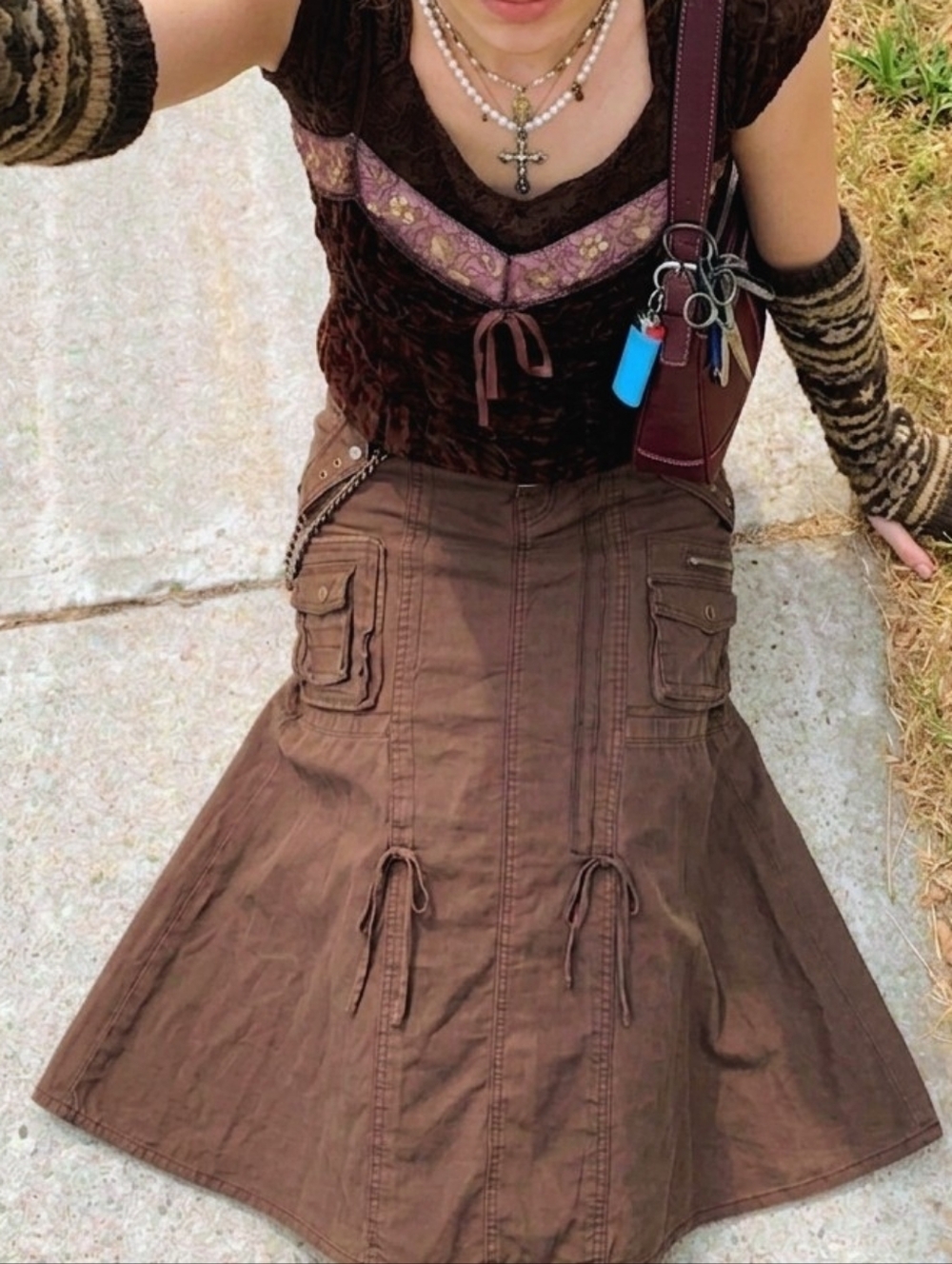 Y2K 2000s Brown Utility Cargo Grunge WhimsyGoth Cotton Maxi Skirt Size 6/7